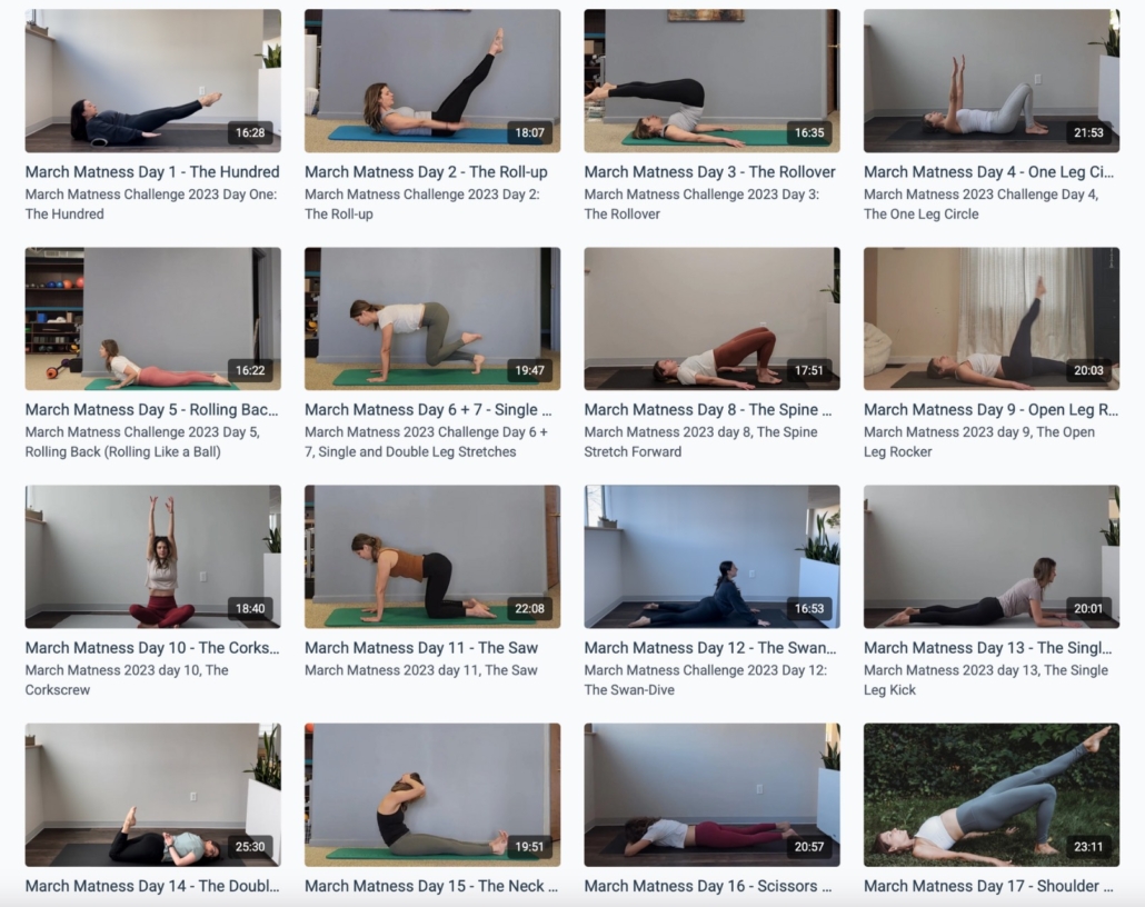 A preview of 16 out of 31 total thumbnails for the March Matness exercise videos, each showing a Pilates instructor completing a particular classical Pilates exercise. Each thumbnail is accompanied by the video's title, which includes which day of the challenge it is for, as well as the name of the featured classical Pilates exercise.